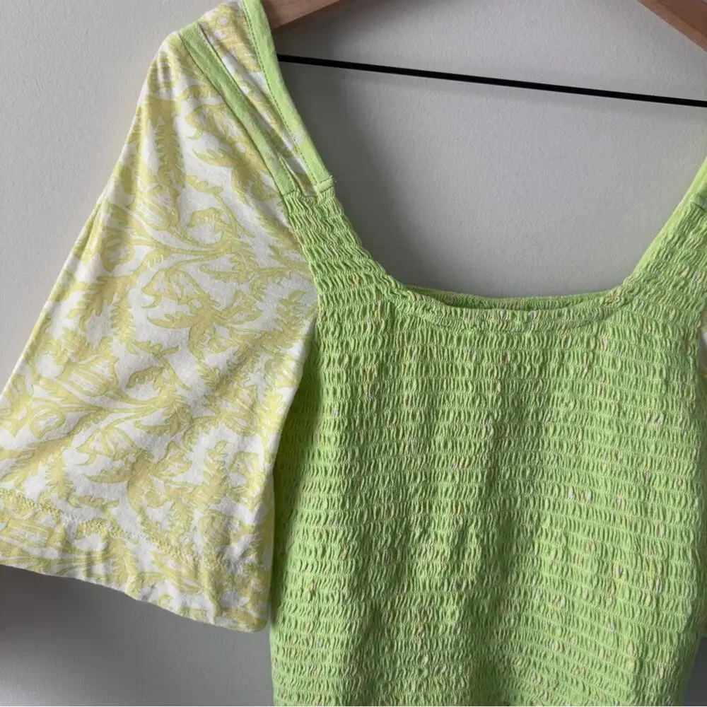 Free People Marigold Top in Key Lime Combo Smocked half Sleeve Cropped top green